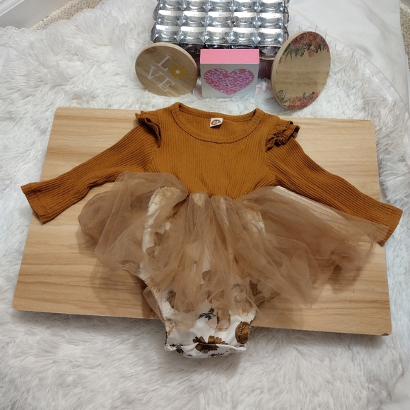 Floral Beige Tulle Babygirl Dress 0-3 Months - Picture 2 of 5